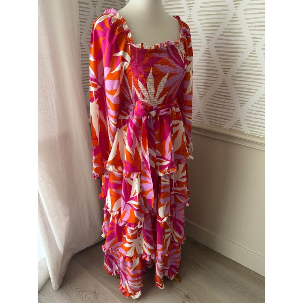 Peach Love Small Tropical Print Tiered Ruffle Smocked Long Sleeve Maxi Dress - Picture 7 of 7